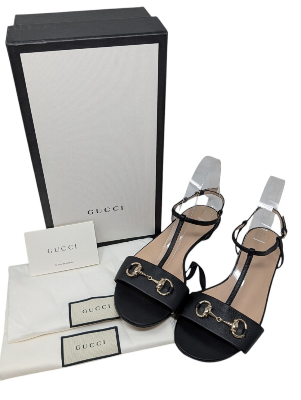 Gucci Horsebit Flat Black Leather T-Strap Sandals Size EU 40.5